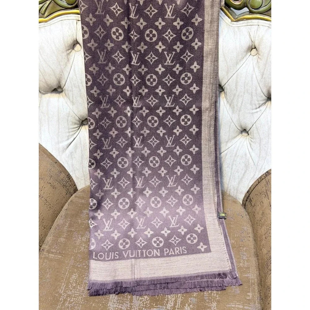 Louis Vuitton Monogram Shine Shawl Amarante Purple Brown Silk Blend Scarf Fringe